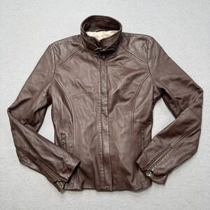 Vintage Vera Pelle Leather Jacket Women's 46 Brown Belted Moto Cafe Racer Italy